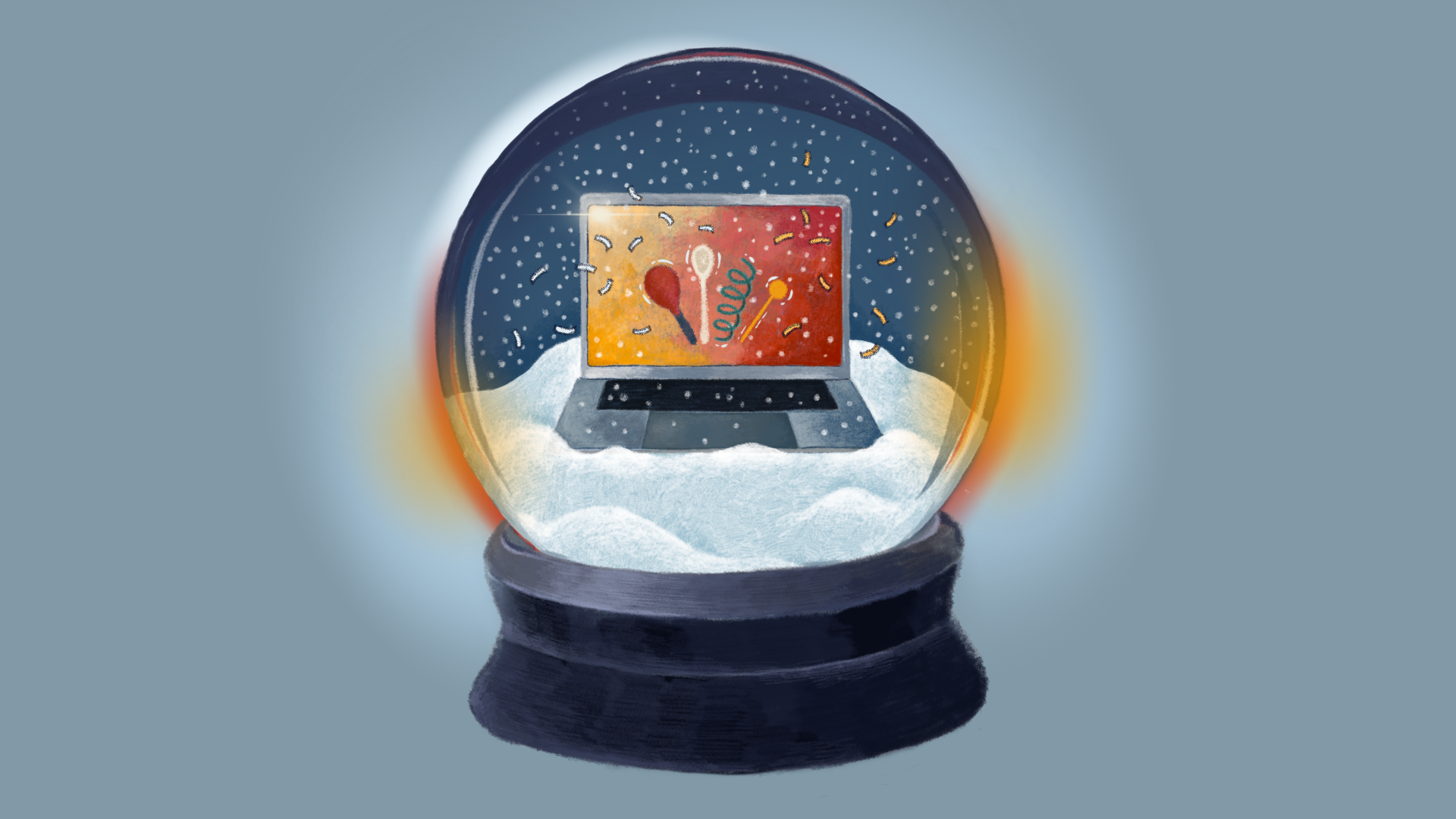 Grafika przedstawia namalowaną na środku śnieżną kulę na podstawie. W środku, na górce ze śniegu stoi laptop z kolorowym ekranem. Grafika na ekranie przedstawia kolorowe grzechotki muzyczne, łyżki i serpentyny. Kula oświetlona jest jasnym światłem, cała grafika umieszczona jest na bladoniebieskim tle.