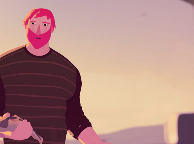 [ Kadr z filmu animowanego. Barczysty, rudobrody mężczyzna z zamyśloną miną, trzyma w ręce rybę. ]