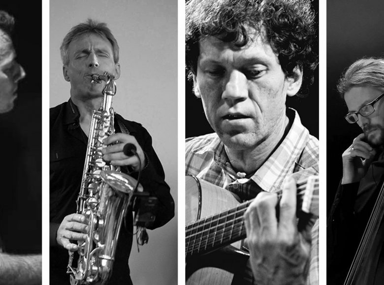 [kompilacja czterech zdjęć. Po lewej stronie siedzi mężczyzna w słuchawkach, kolejny z zamkniętymi oczami gra na saksofonie, trzeci trzyma w rękach gitarę, ostatni z prawej w słuchawkach gra na kontrabasie]