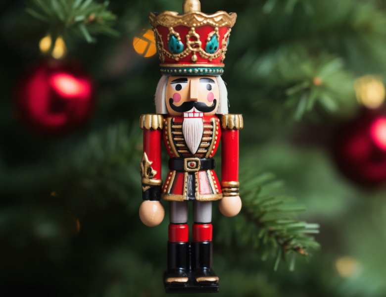 Zbliżenie na wiszącą na choince ozdobę choinkową przedstawiającą dziadka do orzechów.