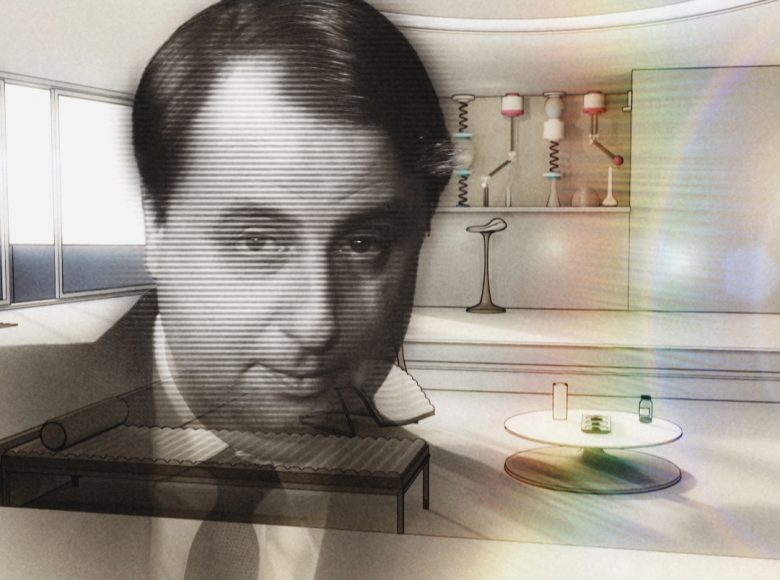 [ Kadr z filmu animowanego. Przenikające się obrazy futurystycznego wnętrza, popiersia mężczyzny, tęczowego refleksu światła. ]