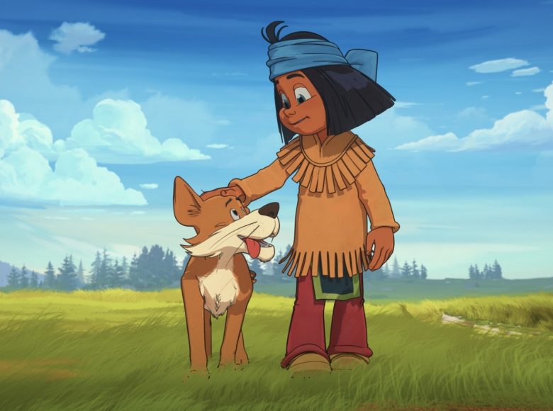 Kadr z filmu animowanego przedstawia indiańskiego chłopca, który głaszczę psa po głowie, nad nimi jasne niebo a na horyzoncie las