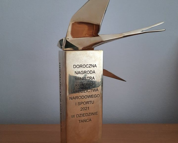 Zdjęcie. Statuetki. Nagroda przedstawia ptaka. Tło szare jednolite.