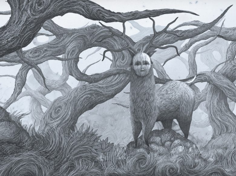 [ Czarno-biały kadr z filmu animowanego. W plątaninie bezlistnych, wężowatych gałęzi drzew stoi dziwaczne zwierze. Jest czteronożne, ma rogi podobne do jelenich, a zamiast pyska, maskę z ludzką twarzą. ]