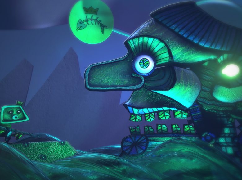 Kadr z filmu animowanego. Górzysty pejzaż, w nim dwie, dziwne, kreskówkowe postaci. Po lewej mały ludzik z kwadratową głową z koroną, karabinem w rękach. Po prawej wielka głowa na kółkach, z zębatą paszczą, żarówką w uchu i symbolem szkieletu ryby z koroną.