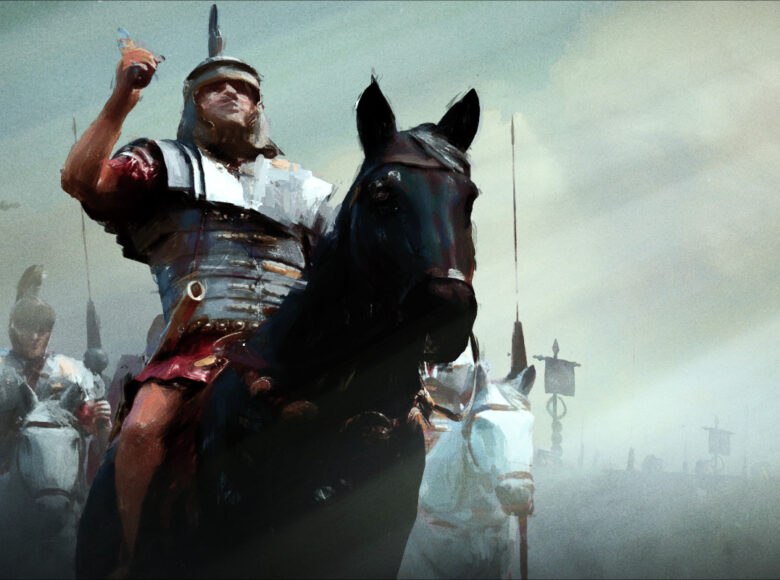 Kadr z filmu animowanego. Rycerz w zbroi siedzi na koniu, unosi rękę trzymającą miecz. Za nim romyte szeregi wojska z końmi i chorągwiami. Niebo nad nimi przecinają skośne promienie światła.
