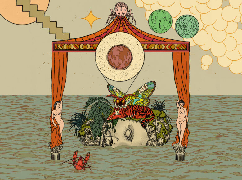 Okładka płyty. Grafika w stylu secesyjnym. Przedstawia tonącą głowę rzeźby, nad nią rozstawiony jest namiot wsparty na kolumnach w stylu korynckim. Na głowie leży tygrys a za nim wznosi się duży, kolorowy motyl.