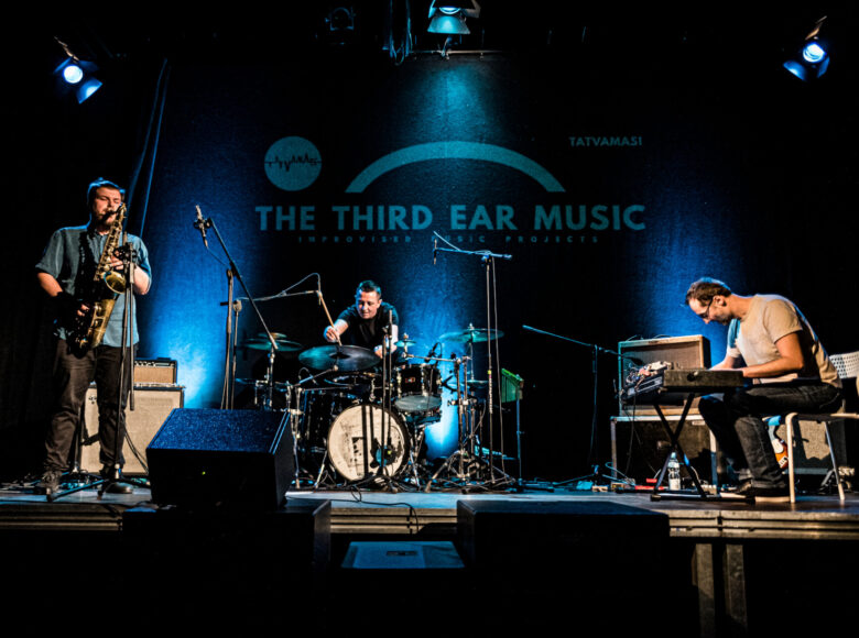 Fotografia przedstawia trzech mężczyzn, którzy grają na instrumentach. Znajdują się oni na scenie, co wskazuje na to, że koncertują. Jeden z nich gra na saksofonie, inny z kolei na instrumencie klawiszowym. Dużo przestrzeni na scenie zajmuje perkusja, na której gra trzeci muzyk. W tle postaci znajduje się duży napis: „The third ear music”. Otoczenie za mężczyznami przyjmuje ciemne barwy. Oświetlenie sceny dostarcza niebieskiego koloru.