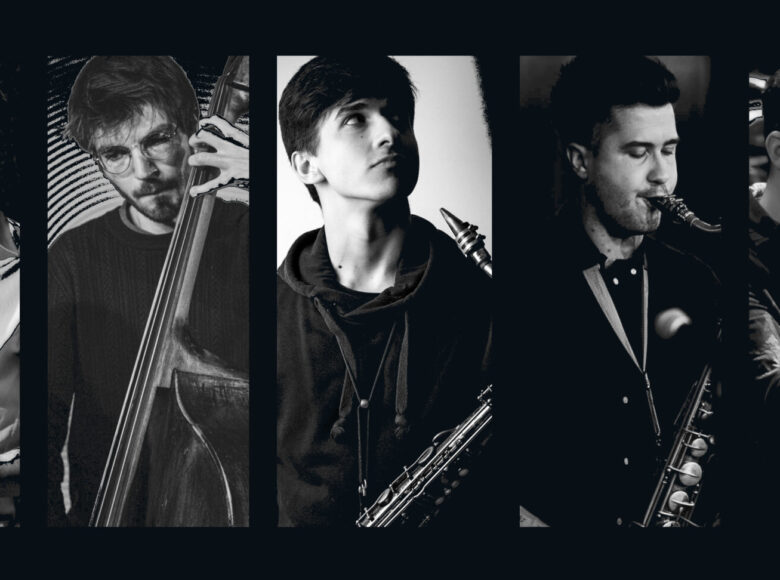Kolaż z czarno-białych zdjęć. Przedstawia portrety muzyków, pozujących z ich instrumentami.