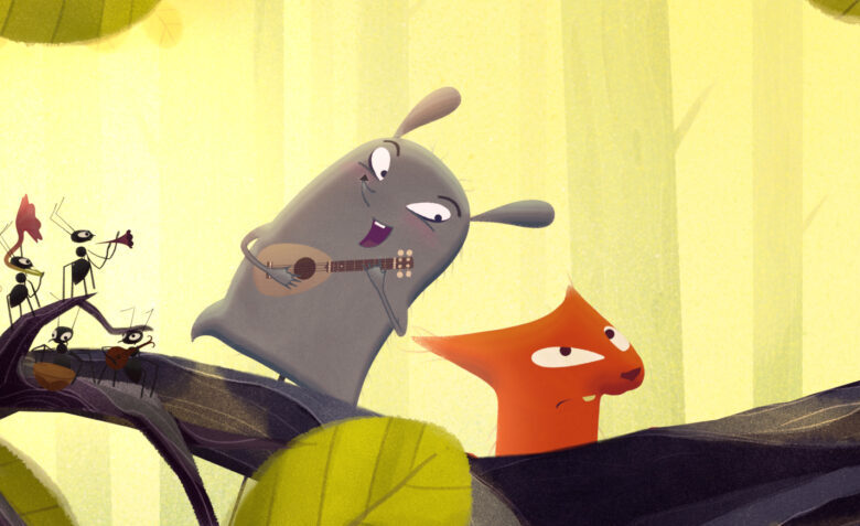 Na zdjęciu kadr z animacji przedstawiający tytułową myszkę śpiewającą i grającą na gitarze wraz z orkiestrą mrówek; wszyscy siedzą na gałęzi drzewa.