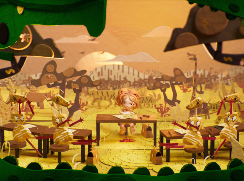 Kadr z filmu animowanego. Dziewczynka siedzi przy stole i rysuje, a z między jej nóg kapią czerwone krople. Wokoło niej przy stołach siedzą krowy o czerwonych rękach, nogach i kolczykach. W tle drzewa i żyrafy. Kadr wzdłuż krawędzi okala zielony krokodyl.