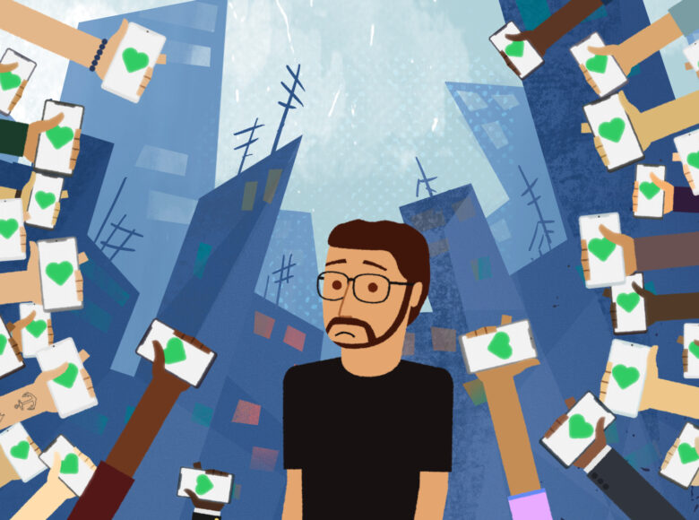 Kadr z filmu animowanego. Na tle niebieskiego miasta stoi mężczyzna w okularach, z brązowymi włosami i brodą i smutną miną. Otacza go kilkadziesiąt rąk wyciągniętych zza krawędzi kadry w jego stronę. Ręce są o różnych kolorach skóry i w różnych ubraniach, każda dłoń trzyma smartfon z białym ekranem i zielonym serduszkiem.