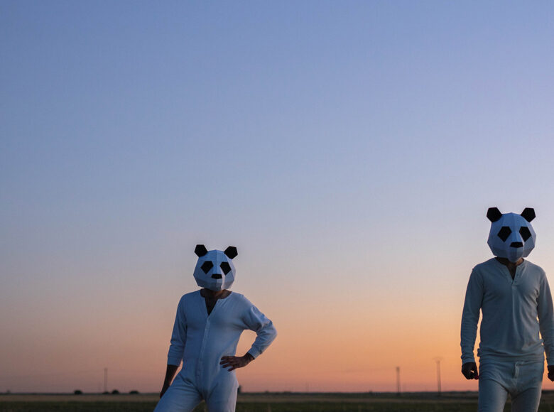 Kadr z filmu. Większość kadru wypełnia niebo podczas zachodu słońca. Na jego tle stoją dwie postaci ubrane na biało i w zgeometryzowanych maskach pand na głowach.