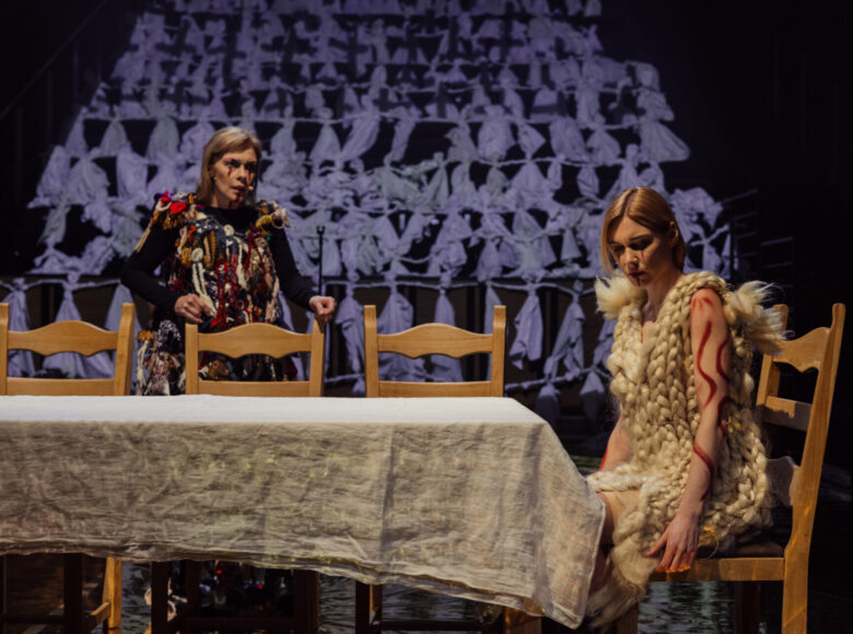 Zdjęcie ze spektaklu "Dziady". Na scenie znajduje się stół przykryty lnianym obrusem. Na jednym z krzeseł siedzi młoda dziewczyna w kostiumie wykonanym z włókien splecionym w warkocze. Obok niej stoi kobieta odgrywająca postać Guślarki. Za kobietami znajdują się fotele widowni przykryte białymi lalkami motankami.