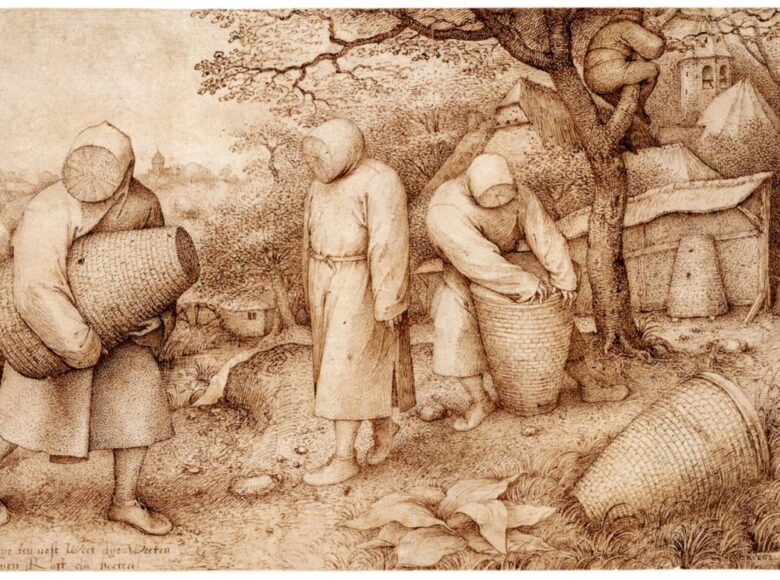 ilustracja przedstawia trzech mnichow pracujących w pasiece. Zamiast głów mają drewniane pieńki. Na drzewie siedzi mężczyzna i parzy na znajdujące się w oddali miasto.