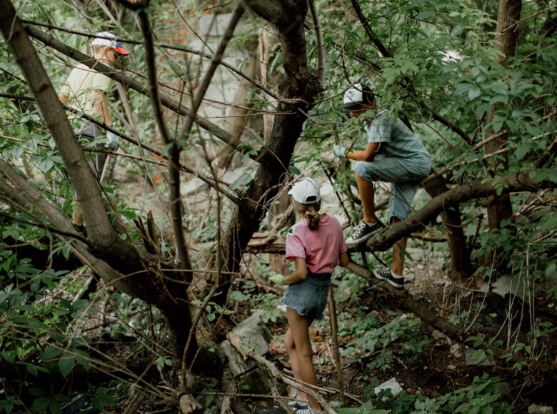 Zdjęcie przedstawia las. Wśród gałęzi chowają się dzieci.