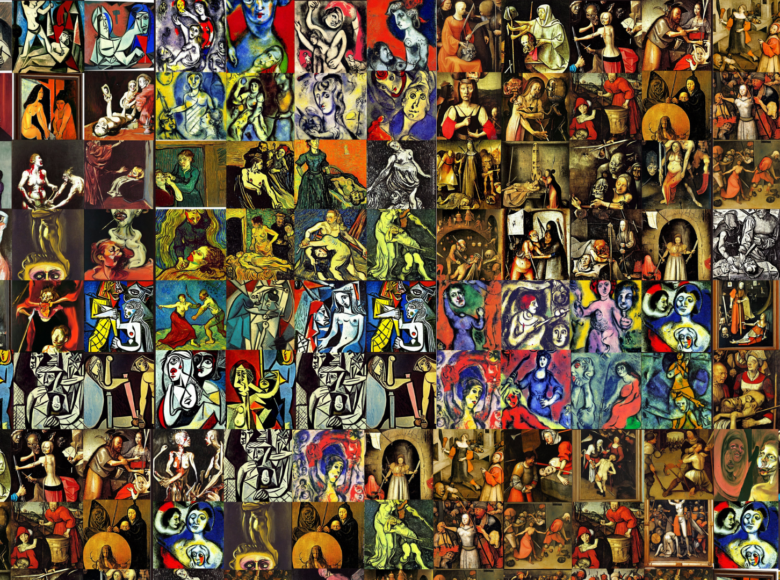 Kolorowa grafika składająca się z kilku obrazów, w różnych stylach malarskich. Wszystkie przedstawiają wizerunek Judyty z głowa Holofernesa.