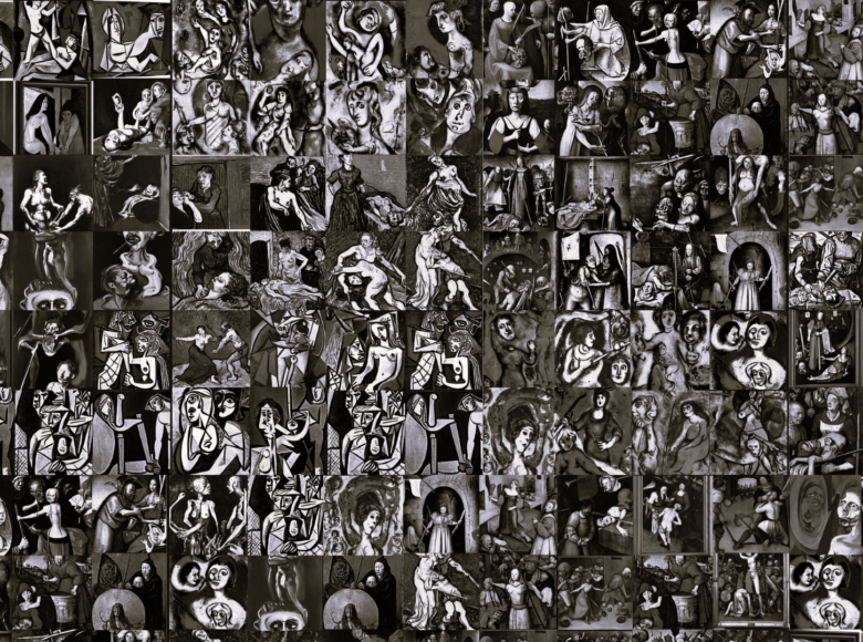 Czarno-biała grafika będąca kolażem małych obrazków przedstawiających motyw Judyty i Holofernesa, w momencie kiedy ona odcina mu głowę.