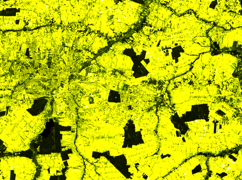 Kolorowa grafika przedstawia czarno-żółtą mapę z aglomeracją Lublina i okolic.