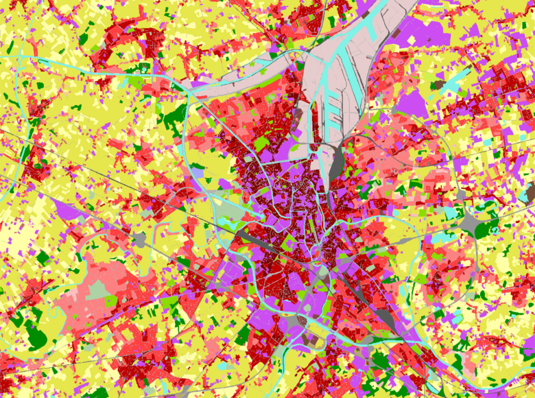 Kolorowa mapa przedstawiająca Lublin i pokrycie terenu. Widać wyraźnie zaznaczone rzeki, zabudowania, grunty rolne i lasy.