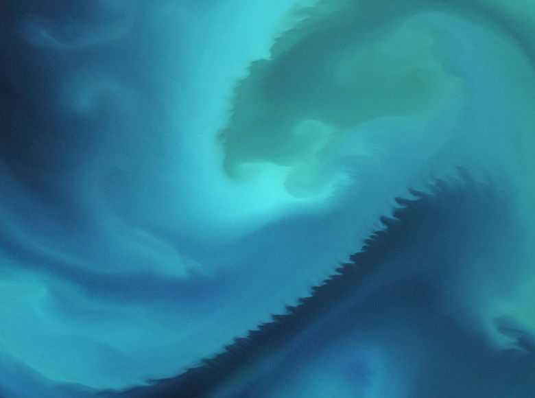 Kolorowa grafika przedstawia tajemniczą głębię oceanu w kolorach ciemnego granatu, niebieskiego i turkusu. Grafika jest nieco rozmazana.