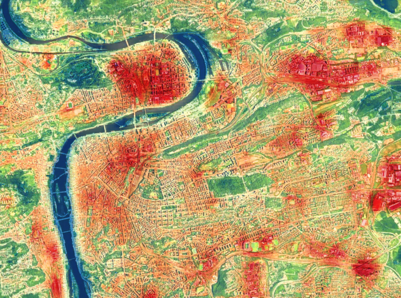 Kolorowa mapa przedstawiająca czeską Pragę i okolice oraz jej ukształtowanie terenu i zabudowania.