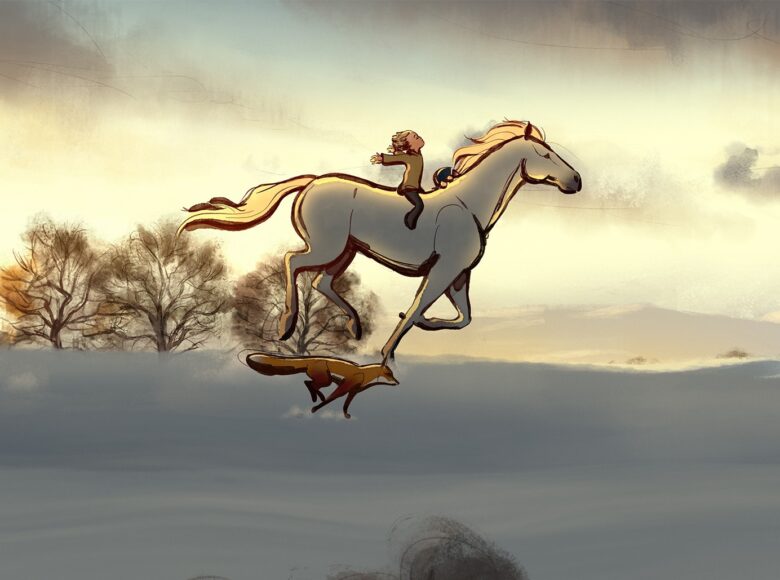 Kadr z filmu animowanego. Na tle zimowego pejzażu chłopiec jedzie na białym koniu , a koło nich biegnie lis.
