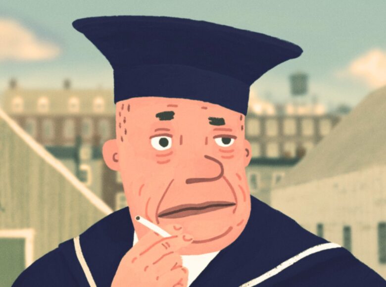 Kadr z filmu animowanego. Zbliżenie na twarz mężczyzny w marynarskiej bluzie i czapce. W ręce trzyma papierosa.