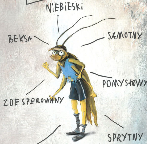 Kolorowa grafika przedstawia mola w stroju sportowym. Wkoło niego znajdują się napisy: Mól Zbyszek, niebieski, samotny, pomysłowy, sprytny, tęskniący, zdesperowany, beksa.