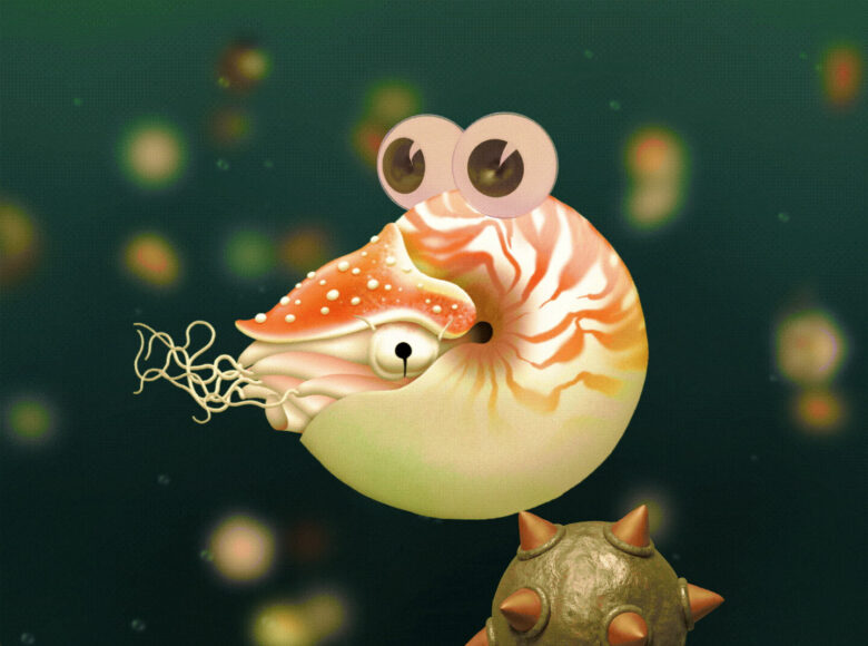 Kadr z filmu animowanego. Morskie stworzenie – nautilus w biało-pomarańczowej muszli z kreskówkowymi oczami, na tle głębi morskiej.