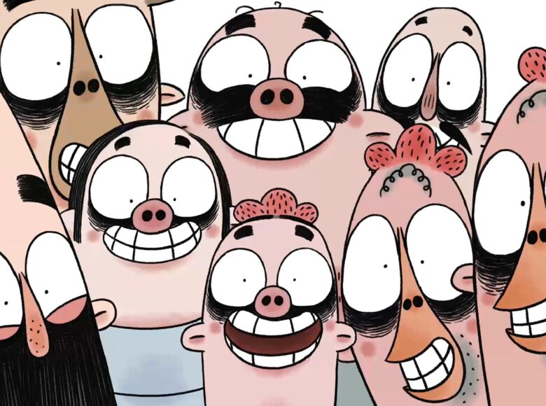 Kadr z filmu animowanego. Kadr wypełnia osiem kreskówkowych twarzy. Mają wielkie oczy, pięć z nich szczerzy zęby w szerokich uśmiechach.