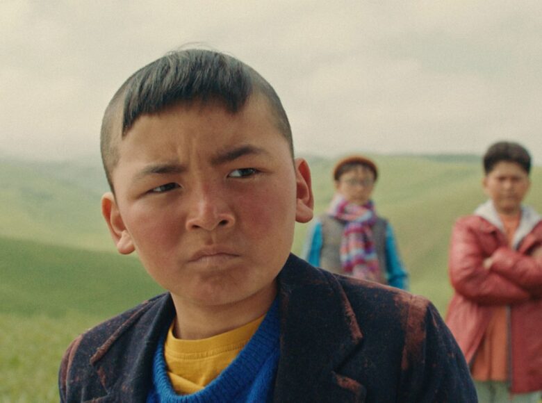 Kadr z filmu. Na pierwszym planie zbliżenie na twarz i ramiona chłopca. Za nim stoi kilku innych chłopców. W tle widoczne wzgórza pokryte zieloną trawą.