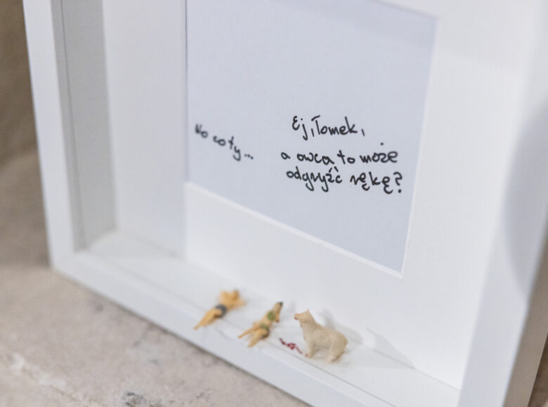 Kolorowe zdjęcie przedstawia kwadratową białą ramkę na zdjęcie. W ramce nie ma zdjęcia, za to jest napis na białym tle głoszący: "Ej Tomek, a owca to może odgryźć rękę? No co ty". Na dole ramki leżą miniaturowe figurki dwóch postaci, jedna ma odgryzioną rękę, obok stoi mała figurka owcy.