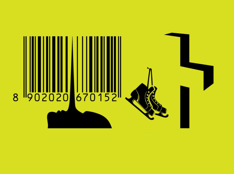 Grafika. Na żółtym tle znajdują się cztery, czarne ikony: twarz wpisana w kod kreskowy, łyżwy i krzyż.