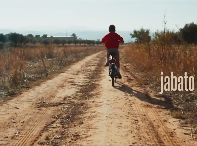 Kadr z filmu. Gruntowa droga, po bokach sucha roślinność, drzewka. Drogą odjeżdża rowerem plecami do nas chłopiec w czerwonej bluzie.