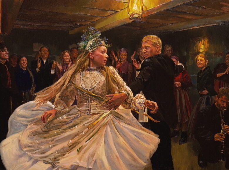 Taniec pary młodej w karczmie, dookoła zgromadzona publiczność, która afirmuje parę. Kadr z filmu wykonany techniką malarską.