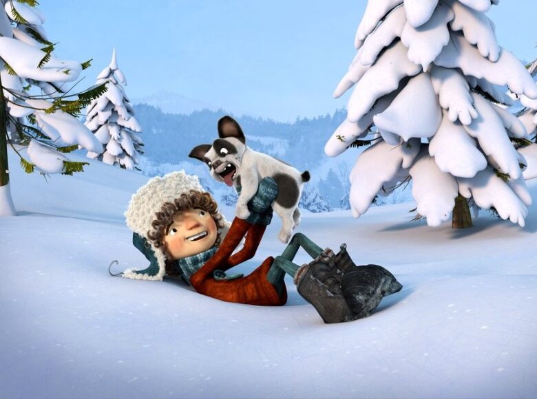 Kadr z filmu animowanego. Przedstawia zimowy krajobraz, zaśnieżone góry i drzewa. Na polanie leży chłopiec, który trzyma w rękach małego psa.
