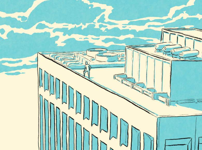 Kadr z filmu animowanego. Prosty rysunek – biało błękitne plamy i czarny kontur, przedstawiają postać na dachy budynku.