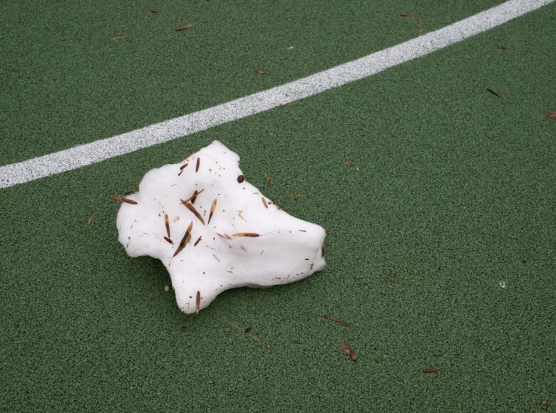 Zdjęcie przedstawia grudkę śniegu, leżąca na zielonej murawie.