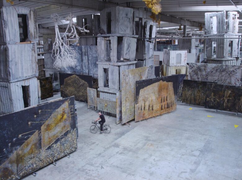 Kadr z filmu "Anselm". Zdjęcie przedstawia wnętrze przestronnej hali. W środku znajduje się skład wielkoformatowych obrazów oraz rzeźb. W pomieszczeniu znajduje się również mężczyzna, który jedzie na rowerze.