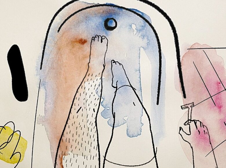 Kadr z filmu animowanego. Konturowy rysunek przedstawia nogi w wannie i dłoń trzymającą maszynkę do golenia. Jedna noga jest gładka, druga pokryta włoskami.