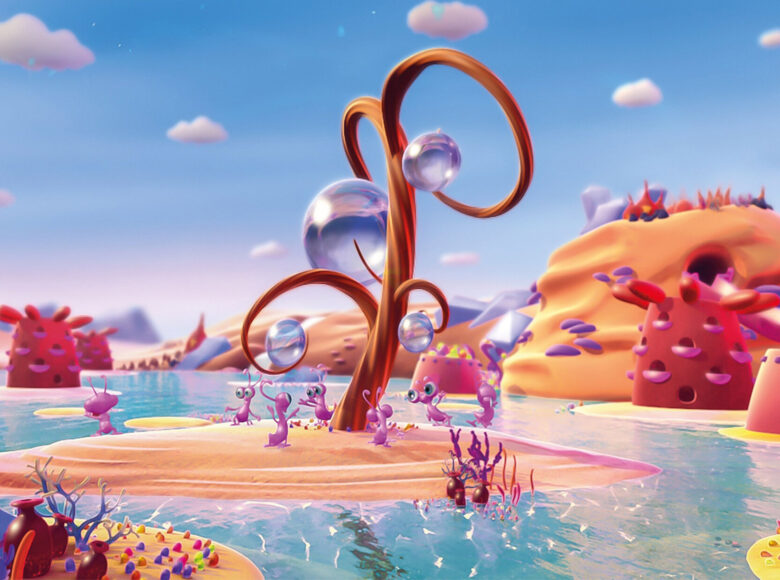 Kadr z filmu przedstawia kolorową wyspę pełną małych różowych stworzeń z czułkami i wyłupiastymi oczami.