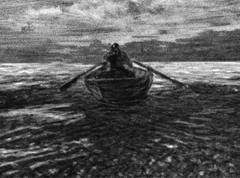 Czarno-biały kadr z filmu animowanego. Przedstawia osobę płynąca drewnianą łódką podczas sztormu.