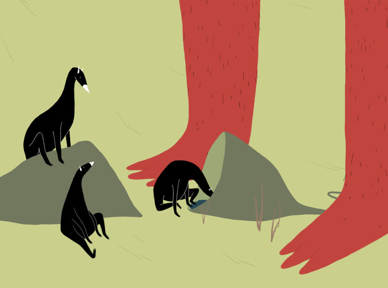 Kadr z filmu animowanego. Na seledynowym tle widać czerwone nogi z trzema palcami oraz trzy czarne czworonożne stworki.