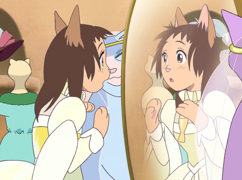 Kadr z filmu animowanego. dziewczyna z kocim nosem, kocimi uszami i kocimi łapkami patrzy w lustro. Ma przestraszoną minę. Oprócz niej w pomieszczeniu kilka wielkich kotów.