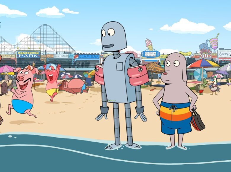 Kadr z filmu animowanego. Plaża. Na pierwszym planie soją w płytkiej wodzie robot i pies. Robot ma założone dmuchane rękawki do pływania, pies niebieskie kąpielówki. W tle różne zwierzęta – prosiaki, słoń i inne, plażujące, w kąpielówkach.