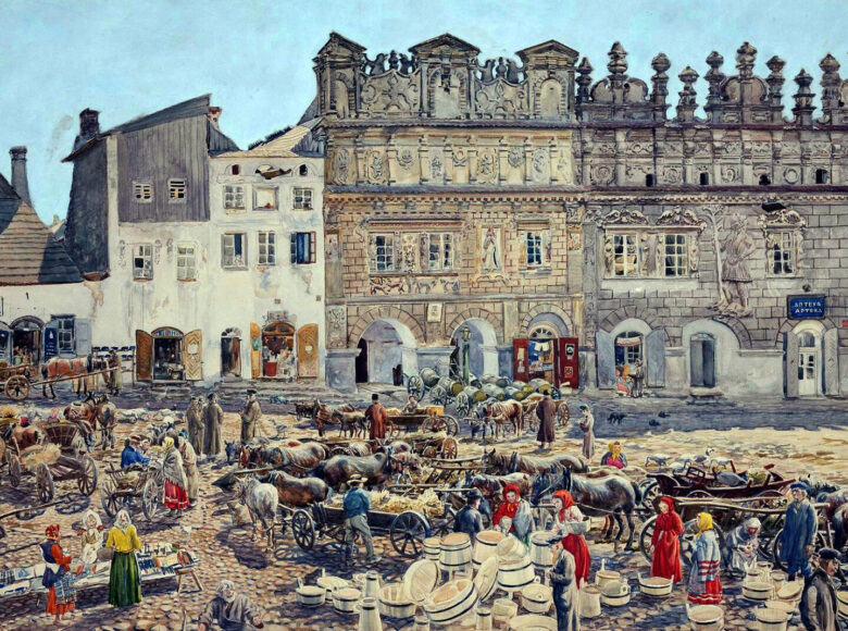 Namalowany obraz panoramy rynku Kazimierza Dolnego sprzed kilkuset lat. Na tle budynków znajdują się stoiska, wozy, konie oraz ludzie biorący udział w targowisku.