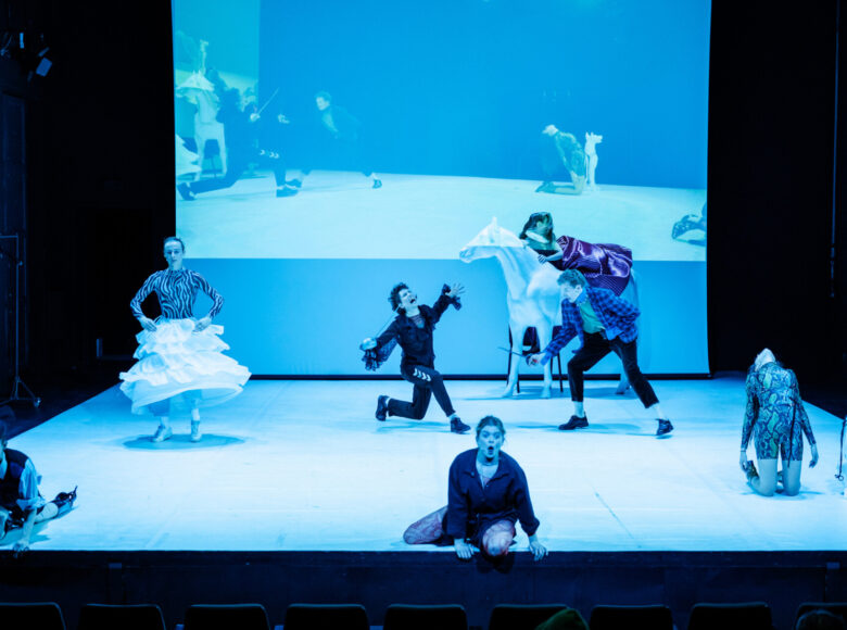 Scena grupowa, dynamiczna, w całości oświetlona na niebiesko. Na białej podłodze, na przestrzeni sceny 7 osób. Dwie z nich w pozycji półsiedzącej na krawędzi przedniej sceny. W drugim planie po lewej kobieta w usztywnianej halce na krynolinie, podnosi ją dłońmi; po prawej kolejna kobieta klęczy, z głową odchyloną za siebie, obok niej biała figura siedzącego psa. W kolejnym planie dwóch mężczyzn w scenie walki-szermierki. Za nimi biała realnych rozmiarów figura konia, na którym na wpół leży kobieta w długiej sukni. W tle ekran powiela obraz widoczny na scenie.