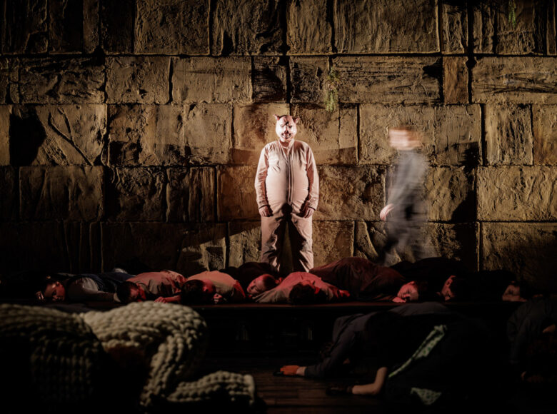 Na zdjęciu centralnie stoi mężczyzna w różowym kombinezonie i masce świni, za nim ściana z dużych bloków kamiennych oświetlona w kolorze sepii. U jego stóp leży wiele osób.