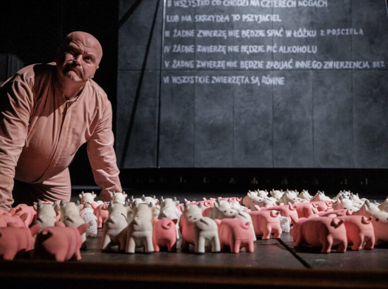 Mężczyzna wsparty na kolanach i rękach, klęczy na podłodze. Przed nim rozstawione liczne figurki zwierząt – białe krowy i owce, różowe świnie. W tle szara ściana z wyświetlonymi napisami – „żadne zwierze nie będzie pić alkoholu”, „żadne zwierzę nie będzie zabijać innego zwierzęcia bez powodu”.
